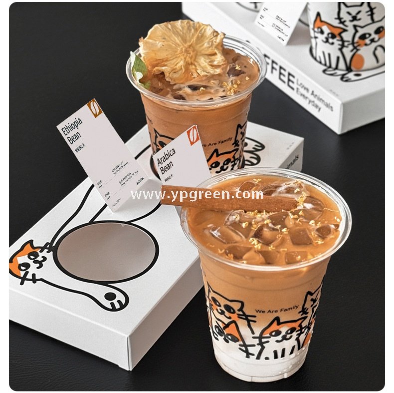 14oz Cute Cat Design Cold Drink Cup with Paper Tray – 400ml PET Cup 9.8x6.0x10.7cm