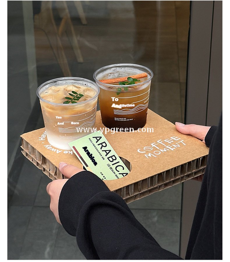 400ml U-Shaped PET Coffee Cup with Honeycomb Sleeve – 9x6x9.5cm Clear Cold Drink To-Go