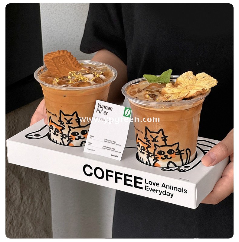 14oz Cute Cat Design Cold Drink Cup with Paper Tray – 400ml PET Cup 9.8x6.0x10.7cm
