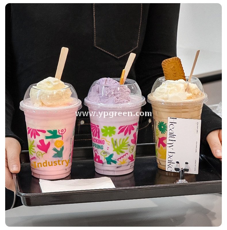 500ml Ice Cream & Milk Tea Cup 9.8x6.5x12.1cm – 16oz Disposable Cup with Leaf Print & Flat, Dome, Flip Lid