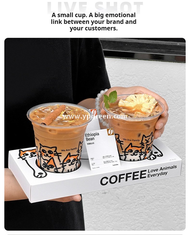 14oz Cute Cat Design Cold Drink Cup with Paper Tray – 400ml PET Cup 9.8x6.0x10.7cm