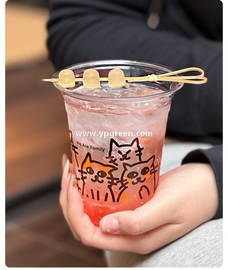 14oz Cute Cat Design Cold Drink Cup with Paper Tray – 400ml PET Cup 9.8x6.0x10.7cm