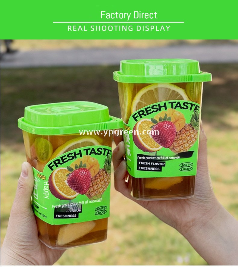 22oz Square Frosted Tea Cups 9.2x6.5x12.9cm – 650ml Injection Molded Plastic with Green Lid
