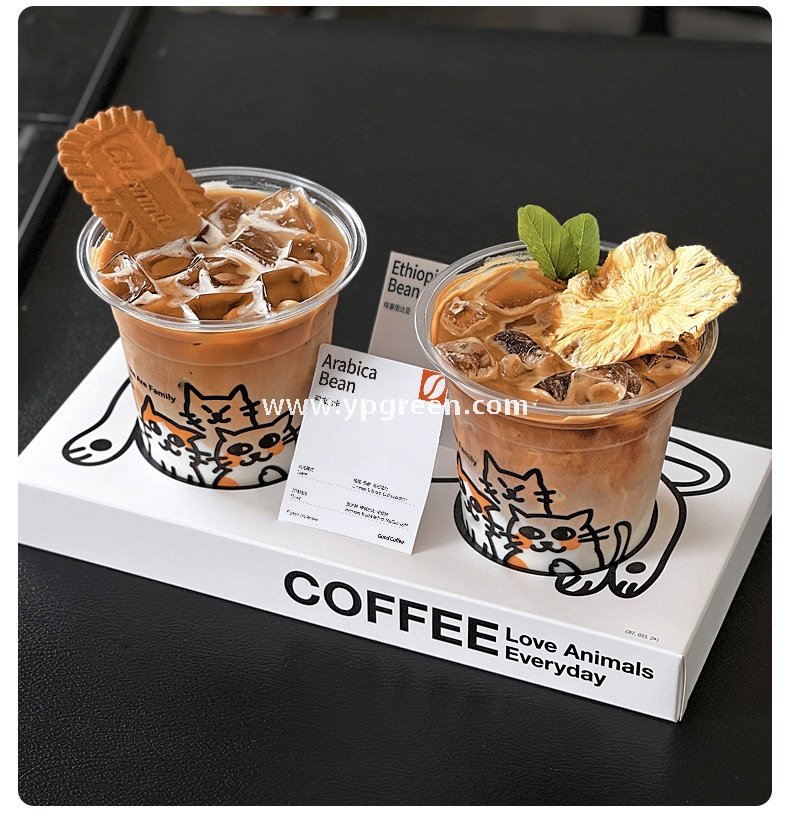 14oz Cute Cat Design Cold Drink Cup with Paper Tray – 400ml PET Cup 9.8x6.0x10.7cm