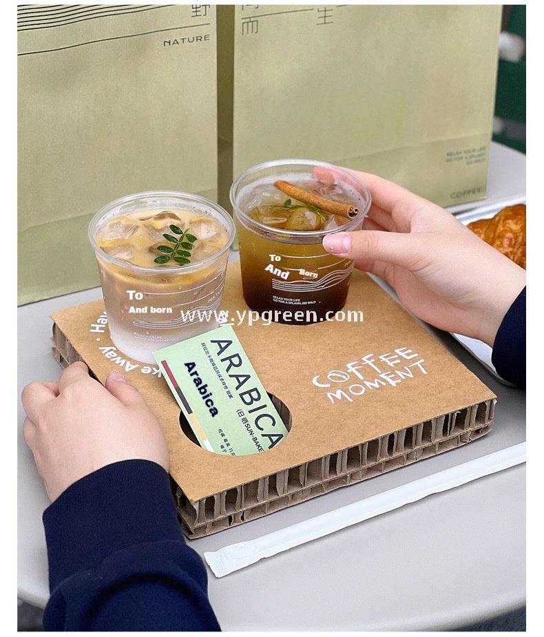 400ml U-Shaped PET Coffee Cup with Honeycomb Sleeve – 9x6x9.5cm Clear Cold Drink To-Go