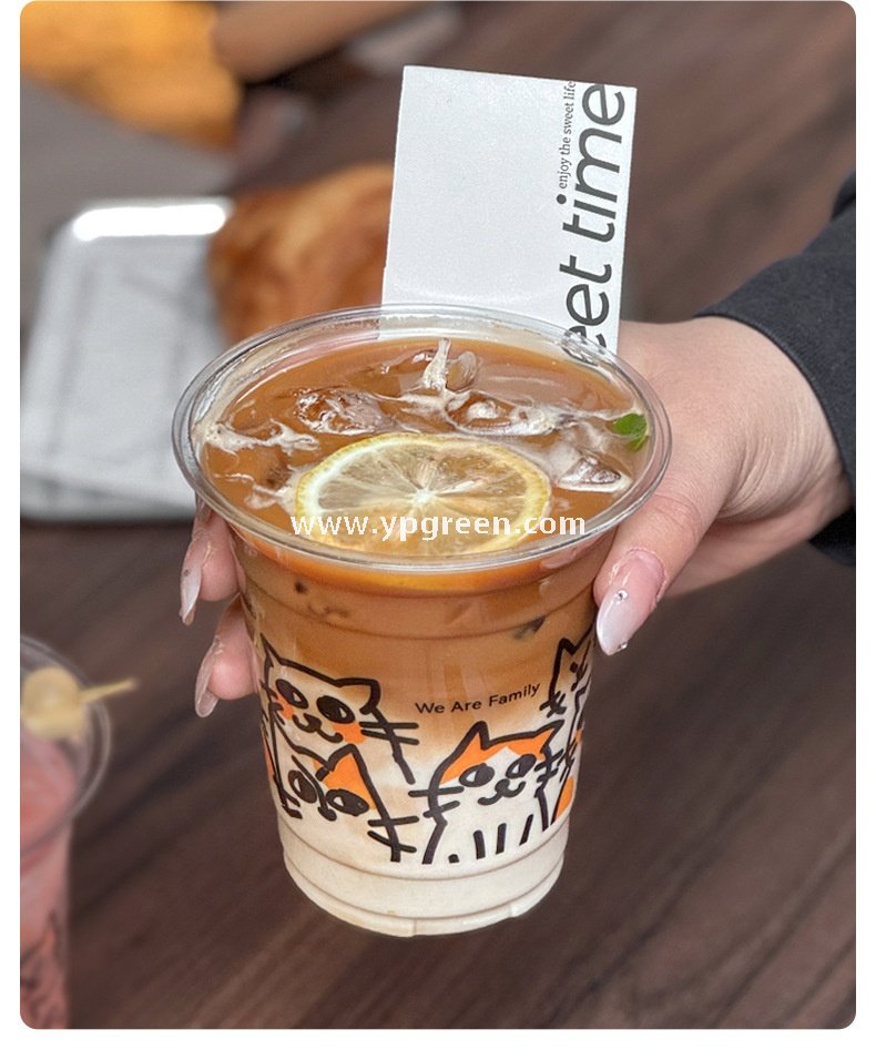 14oz Cute Cat Design Cold Drink Cup with Paper Tray – 400ml PET Cup 9.8x6.0x10.7cm