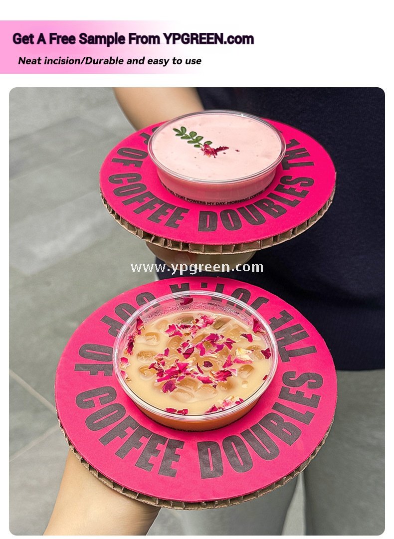 360ml Clear Plastic Coffee Cup with Custom Pink Kraft Corrugated Sleeve 9×6×9cm