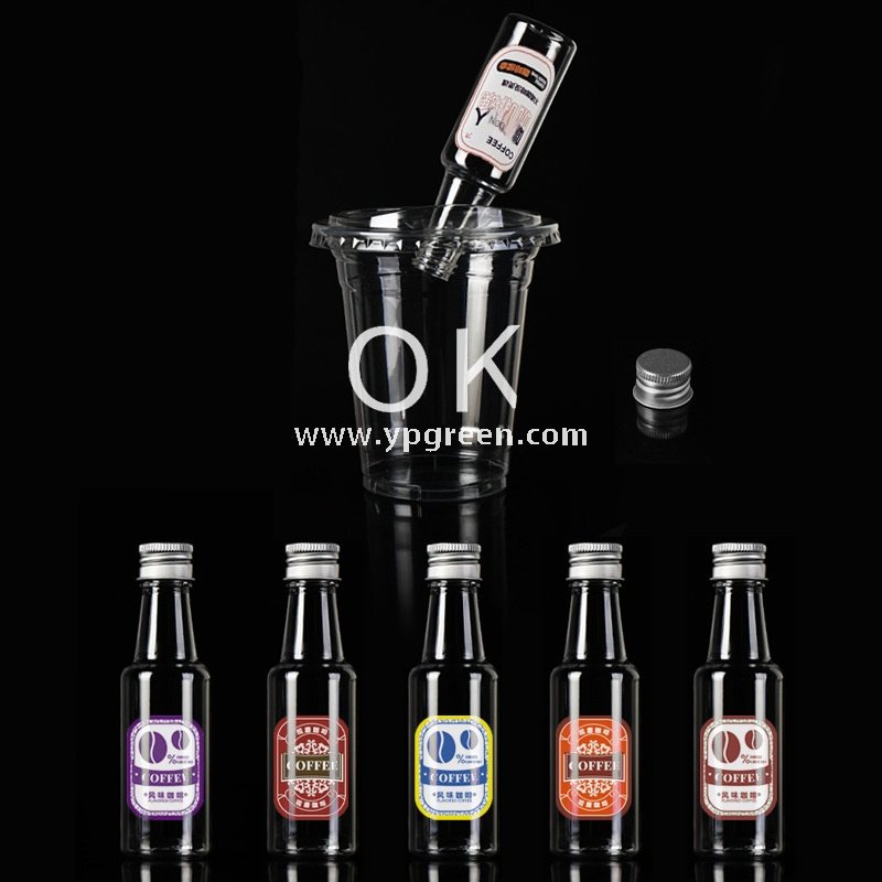 400ml PET Cold Drink Cups with Mini Liquor Bottle Lids 9.8x6x10.7 cm – 14oz Disposable Coffee Cups