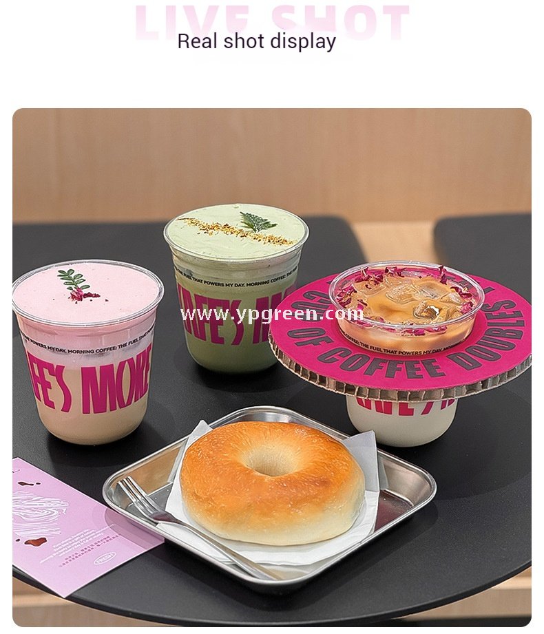 360ml Clear Plastic Coffee Cup with Custom Pink Kraft Corrugated Sleeve 9×6×9cm