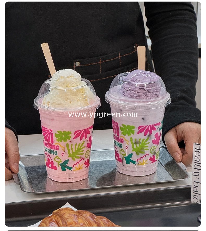 500ml Ice Cream & Milk Tea Cup 9.8x6.5x12.1cm – 16oz Disposable Cup with Leaf Print & Flat, Dome, Flip Lid