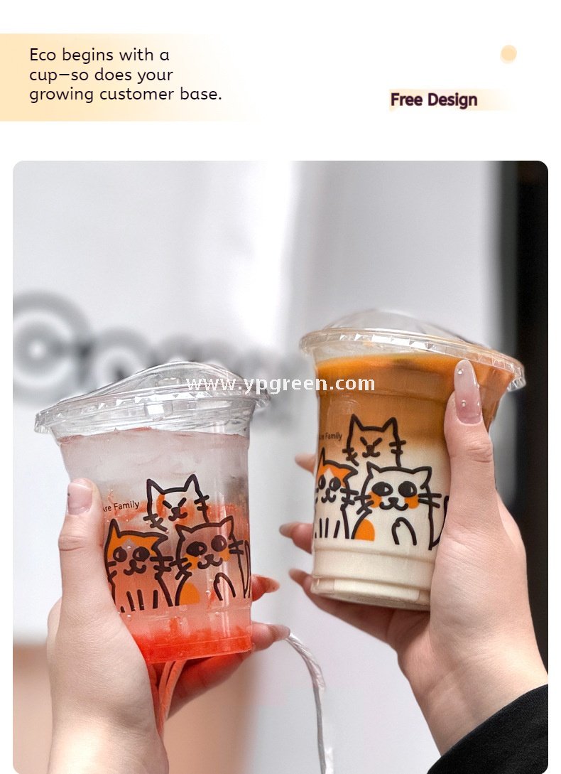 14oz Cute Cat Design Cold Drink Cup with Paper Tray – 400ml PET Cup 9.8x6.0x10.7cm