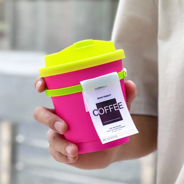 330ml Neon Pink Coffee Paper Cup with Neon Green Tie – Disposable To-Go Drink Cup with Lid & Strap