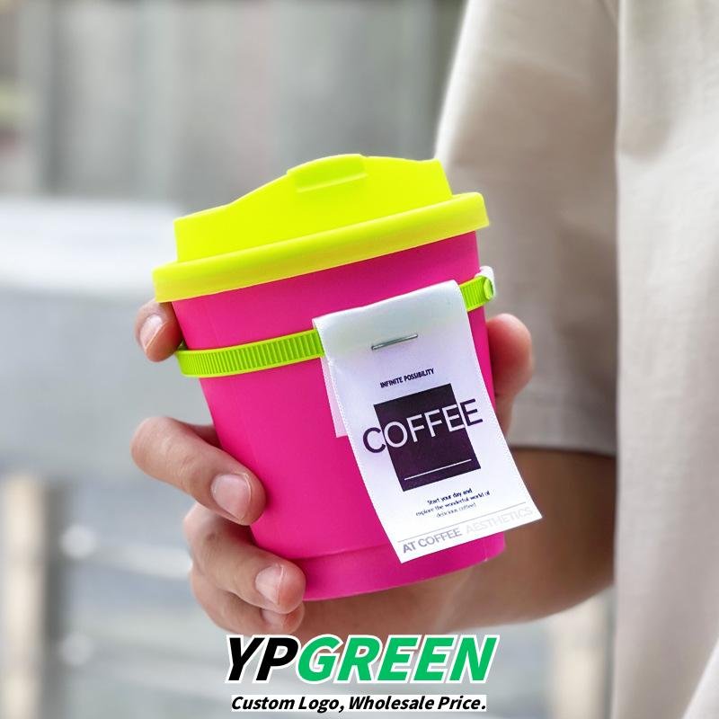 330ml Neon Pink Coffee Paper Cup with Neon Green Tie – Disposable To-Go Drink Cup with Lid & Strap