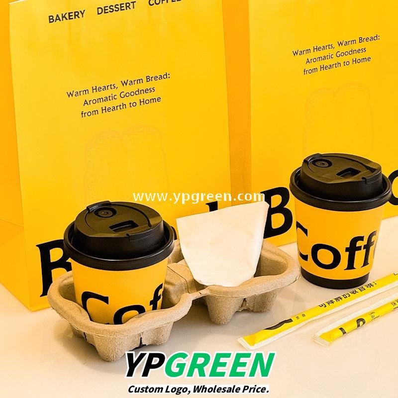 Yellow Double Wall Coffee Cups 260ml / 280ml / 330ml / 400ml / 500ml / 600ml Hollow Kraft Paper Cups Made from Virgin Pulp