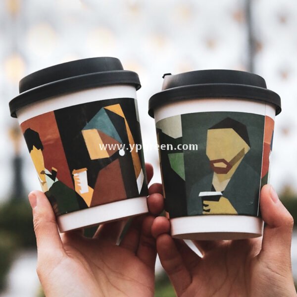330ml Art Print Disposable Coffee Cup with Lid – Hollow Paper Cup with Famous Painting Design