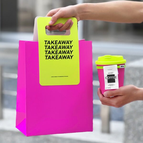330ml Neon Pink Coffee Paper Cup with Neon Green Tie – Disposable To-Go Drink Cup with Lid & Strap