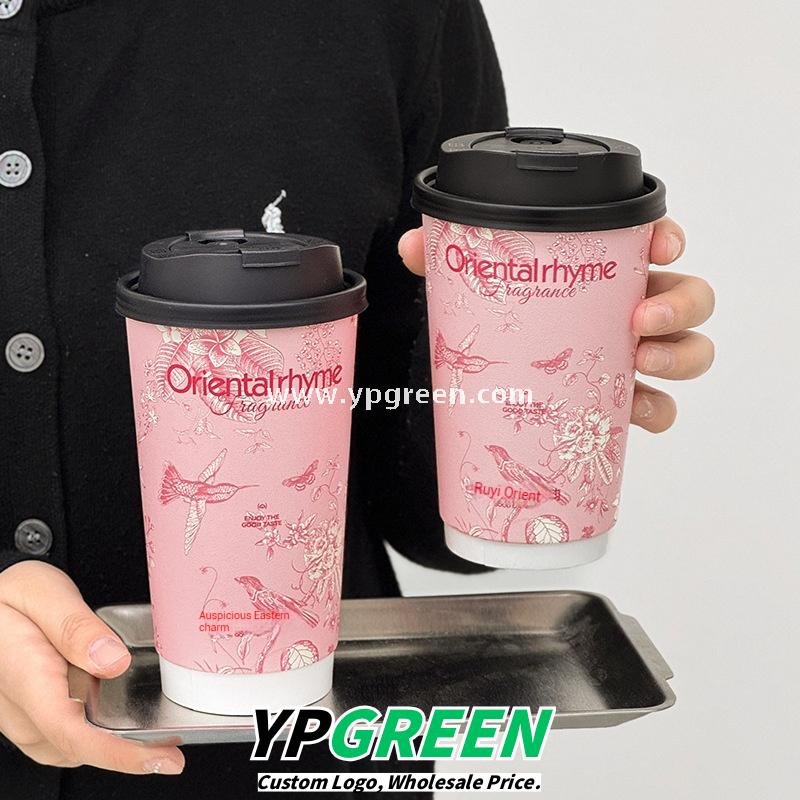 500ml / 600ml UV-Textured Double PE Coated Paper Cups – Hollow Wall Milk Tea Cups for Hot Drinks & Takeaway