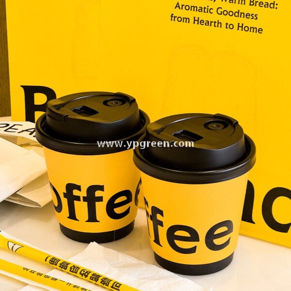 Yellow Double Wall Coffee Cups 260ml / 280ml / 330ml / 400ml / 500ml / 600ml Hollow Kraft Paper Cups Made from Virgin Pulp