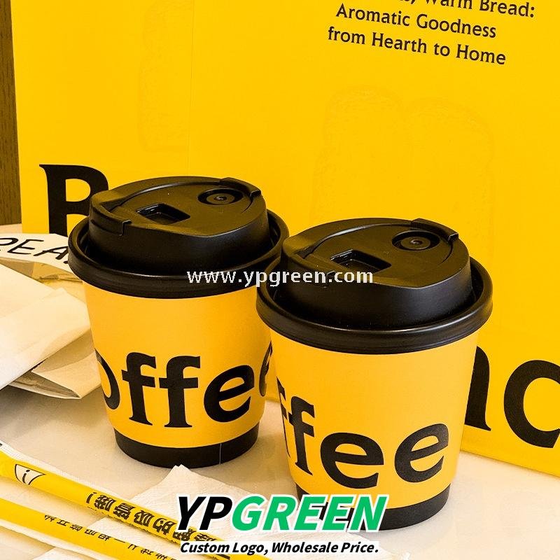 Yellow Double Wall Coffee Cups 260ml / 280ml / 330ml / 400ml / 500ml / 600ml Hollow Kraft Paper Cups Made from Virgin Pulp