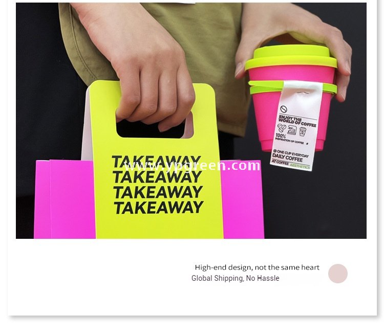 330ml Neon Pink Coffee Paper Cup with Neon Green Tie – Disposable To-Go Drink Cup with Lid & Strap