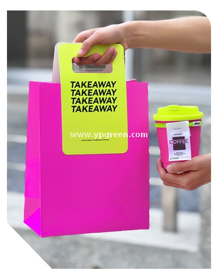 330ml Neon Pink Coffee Paper Cup with Neon Green Tie – Disposable To-Go Drink Cup with Lid & Strap