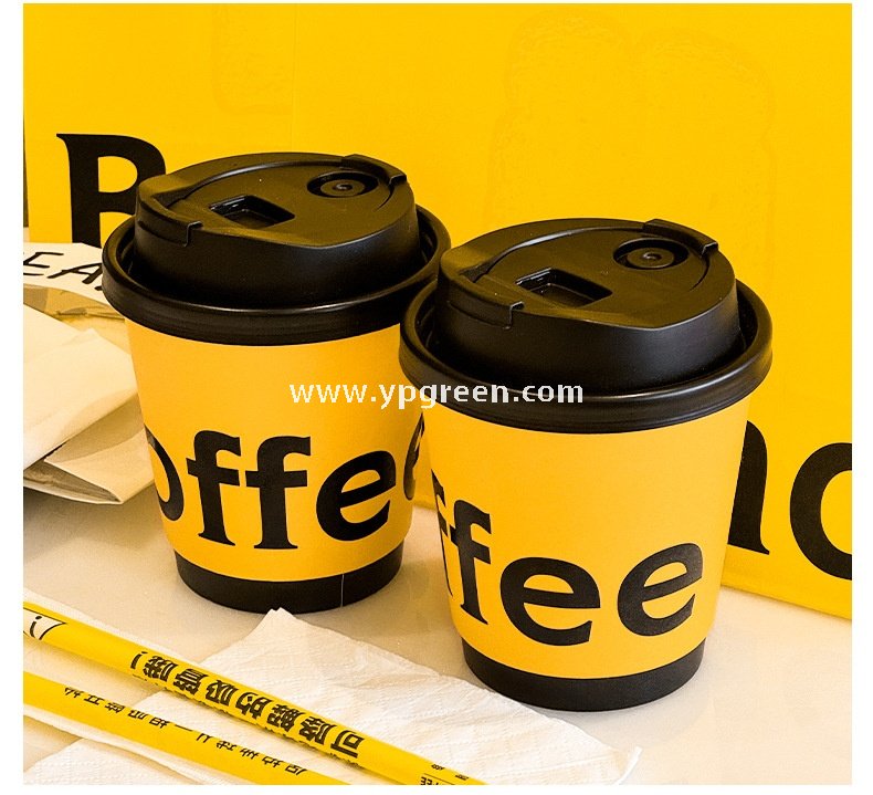 Yellow Double Wall Coffee Cups 260ml / 280ml / 330ml / 400ml / 500ml / 600ml Hollow Kraft Paper Cups Made from Virgin Pulp