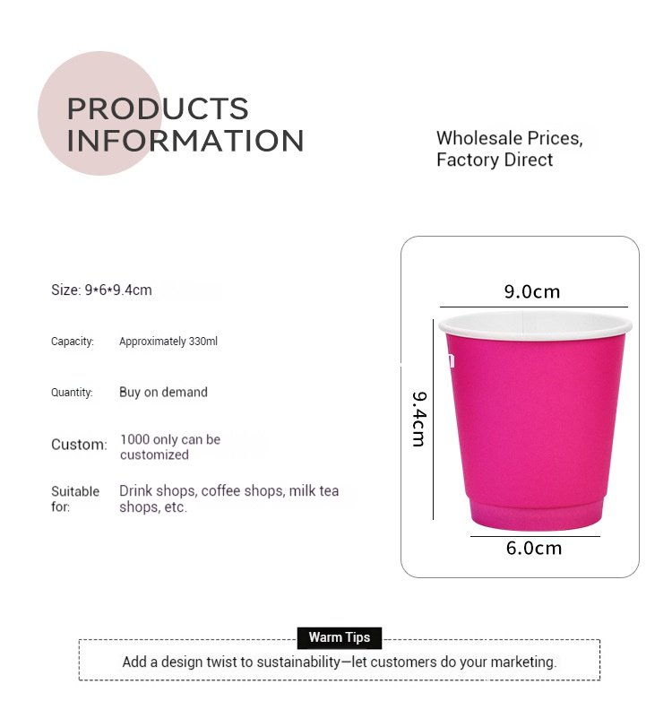 330ml Neon Pink Coffee Paper Cup with Neon Green Tie – Disposable To-Go Drink Cup with Lid & Strap
