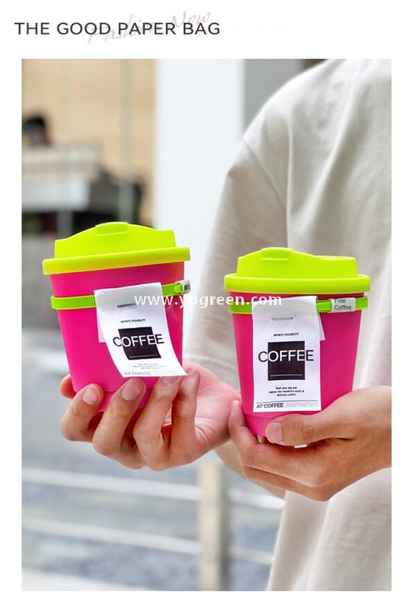 330ml Neon Pink Coffee Paper Cup with Neon Green Tie – Disposable To-Go Drink Cup with Lid & Strap