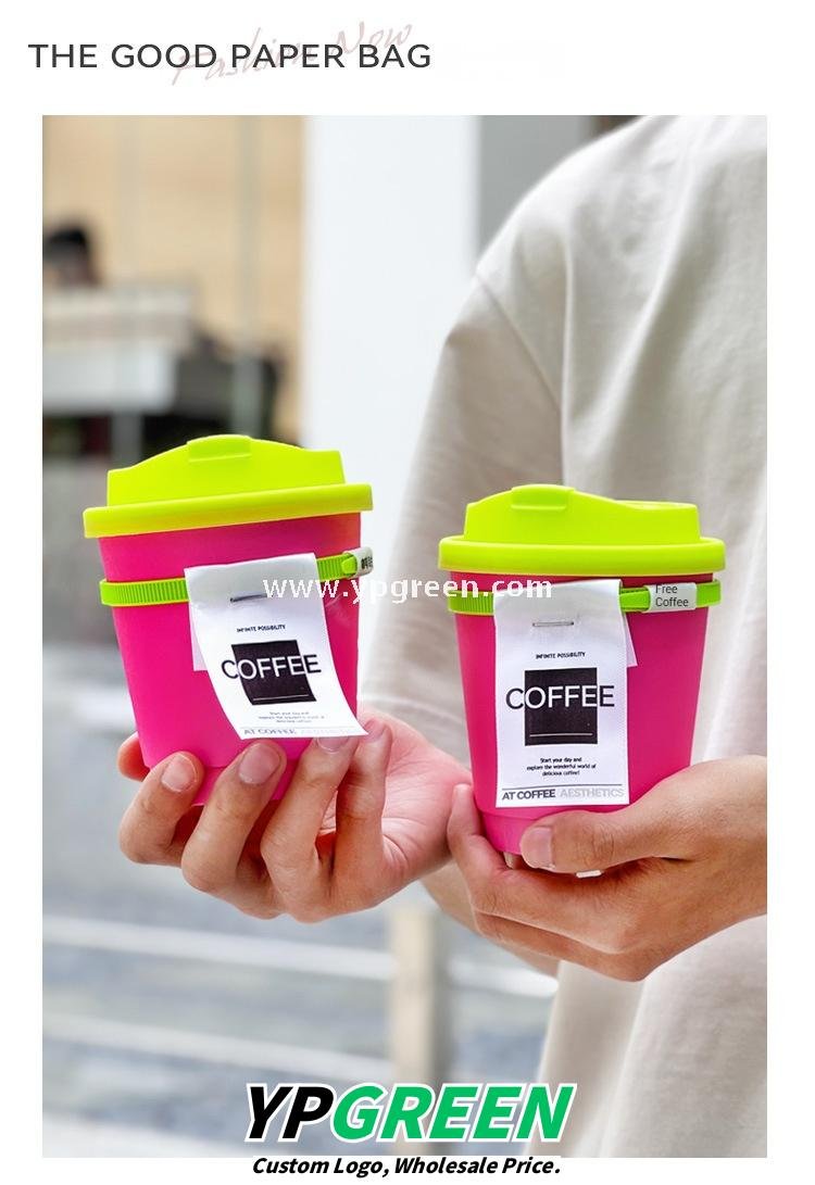 330ml Neon Pink Coffee Paper Cup with Neon Green Tie – Disposable To-Go Drink Cup with Lid & Strap