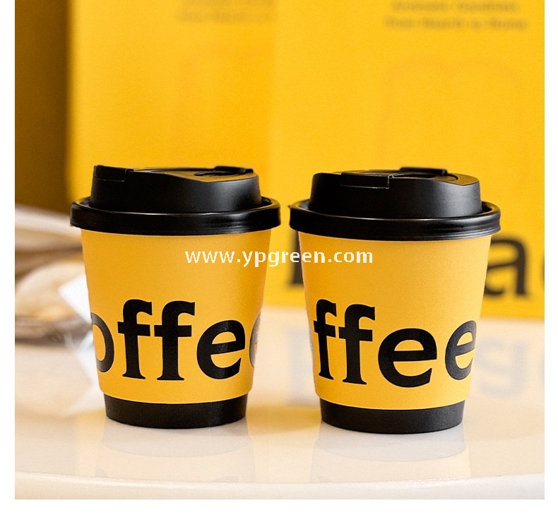 Yellow Double Wall Coffee Cups 260ml / 280ml / 330ml / 400ml / 500ml / 600ml Hollow Kraft Paper Cups Made from Virgin Pulp