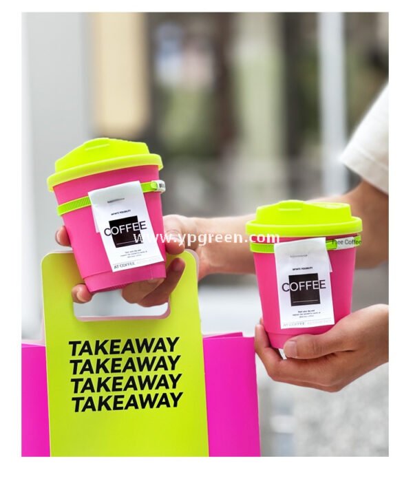 330ml Neon Pink Coffee Paper Cup with Neon Green Tie – Disposable To-Go Drink Cup with Lid & Strap