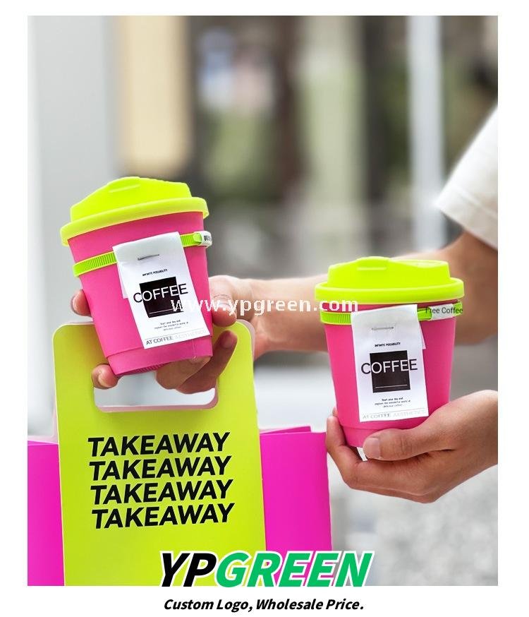 330ml Neon Pink Coffee Paper Cup with Neon Green Tie – Disposable To-Go Drink Cup with Lid & Strap