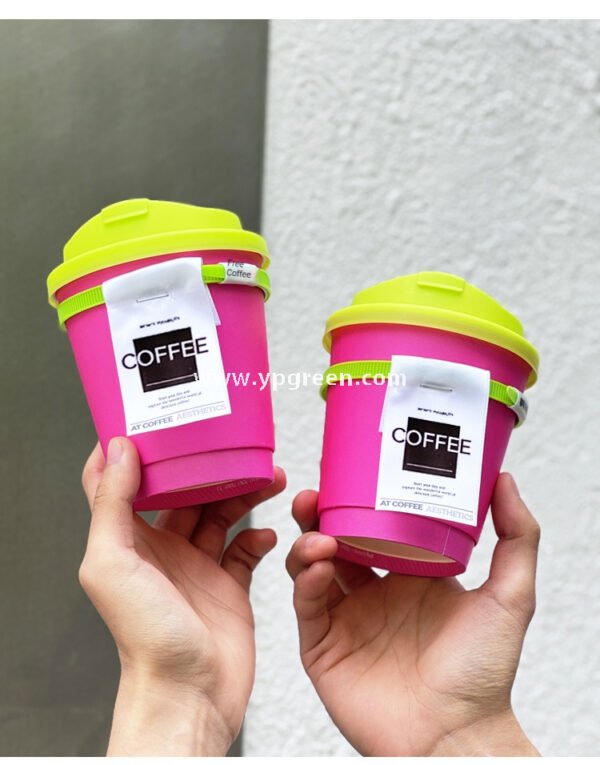 330ml Neon Pink Coffee Paper Cup with Neon Green Tie – Disposable To-Go Drink Cup with Lid & Strap