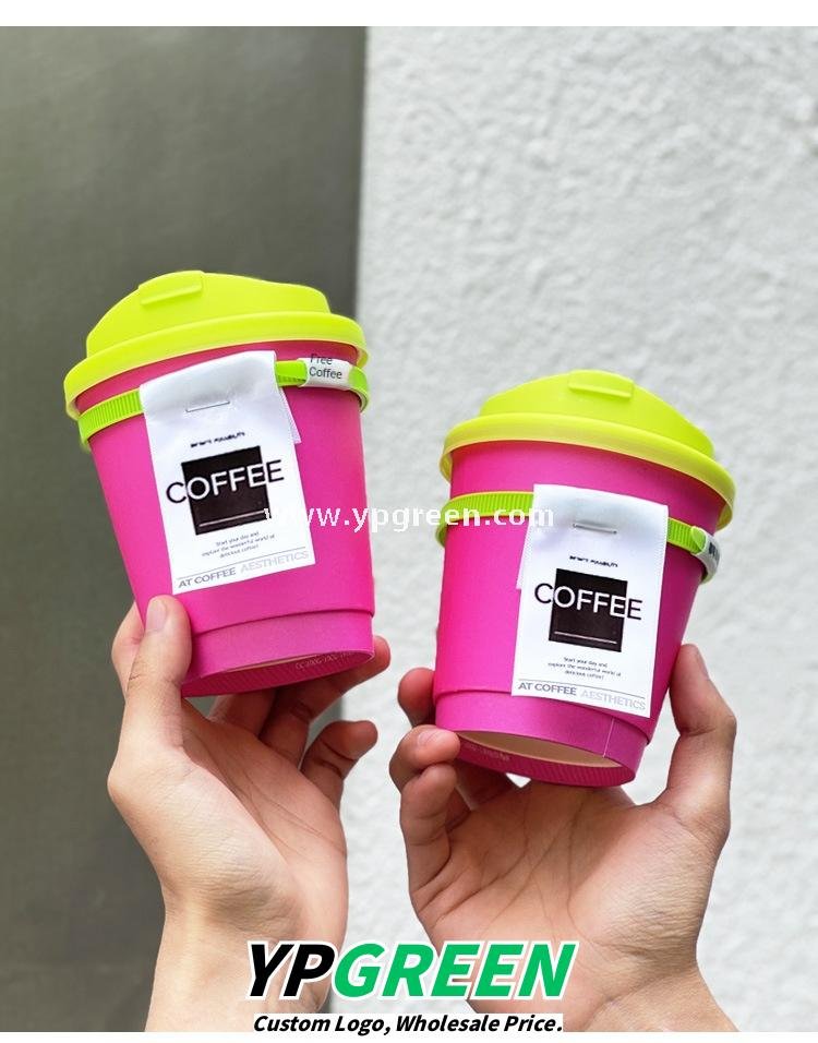 330ml Neon Pink Coffee Paper Cup with Neon Green Tie – Disposable To-Go Drink Cup with Lid & Strap