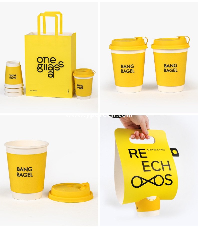 Yellow Double Wall Coffee Cups 260ml / 280ml / 330ml / 400ml / 500ml / 600ml Hollow Kraft Paper Cups Made from Virgin Pulp