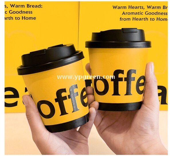 Yellow Double Wall Coffee Cups 260ml / 280ml / 330ml / 400ml / 500ml / 600ml Hollow Kraft Paper Cups Made from Virgin Pulp