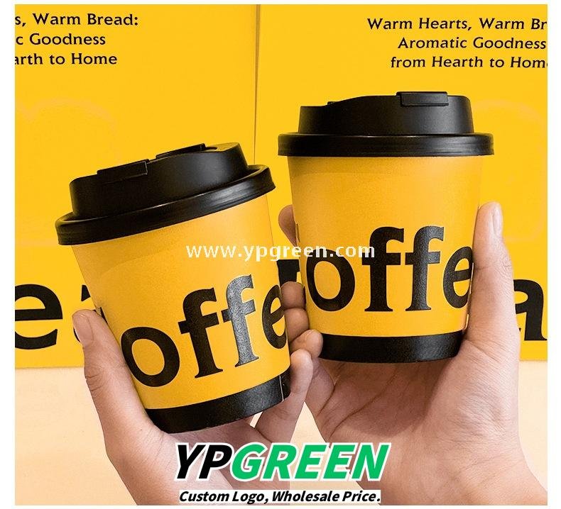 Yellow Double Wall Coffee Cups 260ml / 280ml / 330ml / 400ml / 500ml / 600ml Hollow Kraft Paper Cups Made from Virgin Pulp