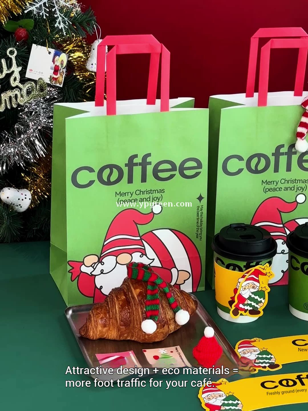 12oz / 400ml Christmas Coffee Cups with Sleeves & Bags – Santa Claus Holiday Design for Takeaway