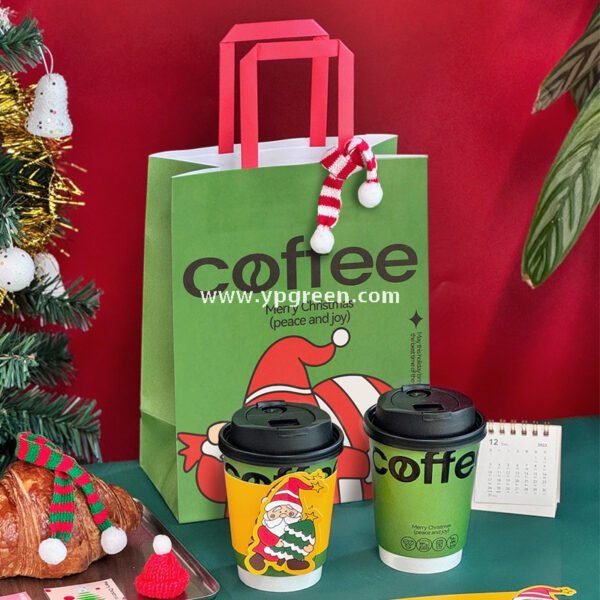 12oz / 400ml Christmas Coffee Cups with Sleeves & Bags – Santa Claus Holiday Design for Takeaway