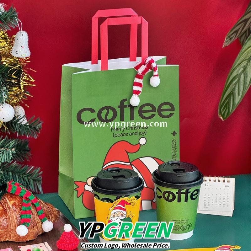 12oz / 400ml Christmas Coffee Cups with Sleeves & Bags – Santa Claus Holiday Design for Takeaway