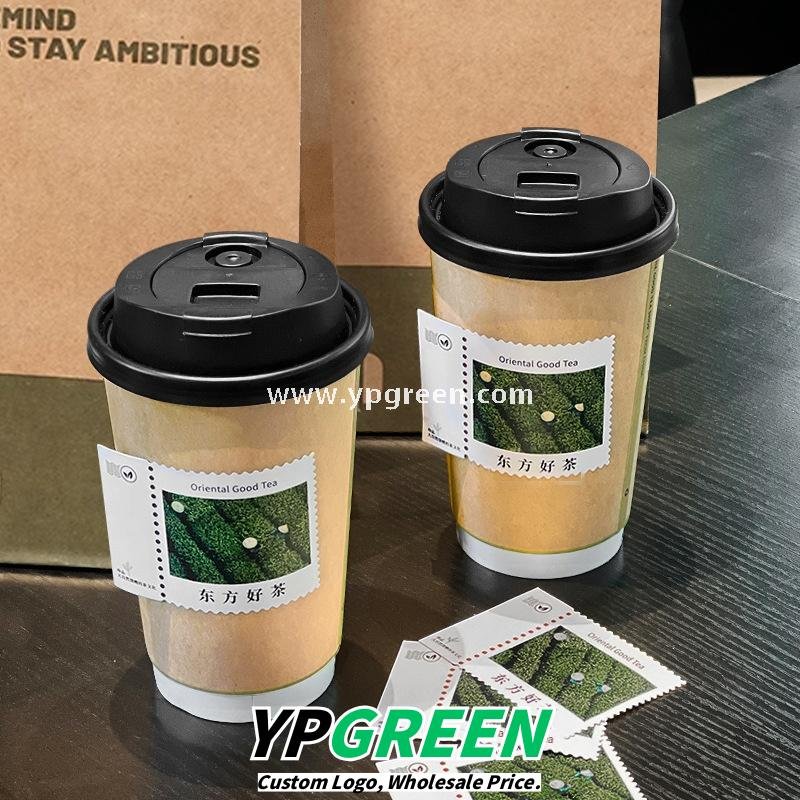 500ml 16oz Custom Coffee Cups with Postage Stamp Stickers – Retro-Themed Paper Cups for Takeaway