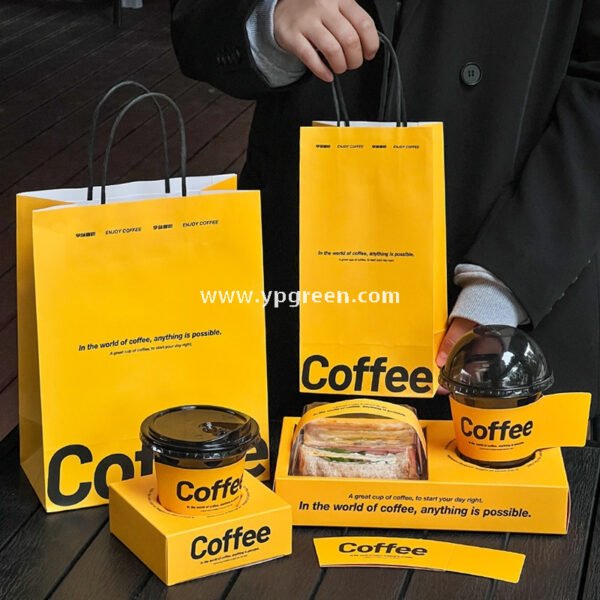Yellow Sandwich & Coffee Tray Box – Integrated Paper Combo Container with Cup Holder