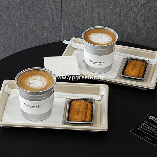 High-End 280ml Disposable Aluminum Cup with Silver Plate and Kraft Paper Tray – Stylish Drinkware Set