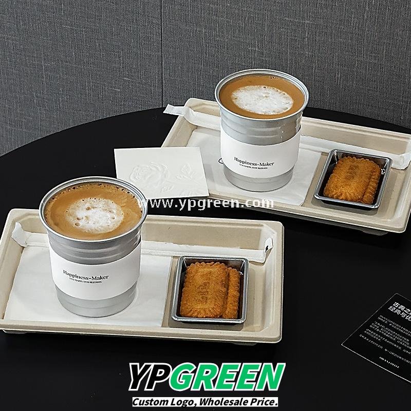 High-End 280ml Disposable Aluminum Cup with Silver Plate and Kraft Paper Tray – Stylish Drinkware Set