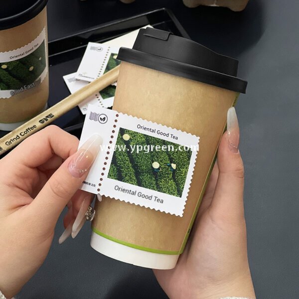 500ml 16oz Custom Coffee Cups with Postage Stamp Stickers – Retro-Themed Paper Cups for Takeaway