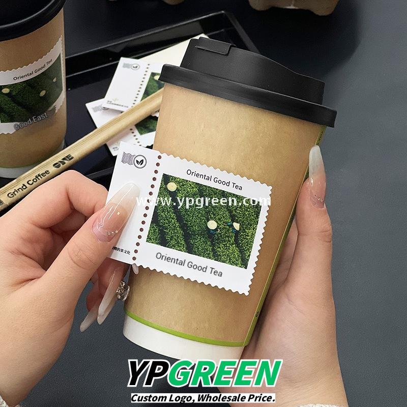 500ml 16oz Custom Coffee Cups with Postage Stamp Stickers – Retro-Themed Paper Cups for Takeaway