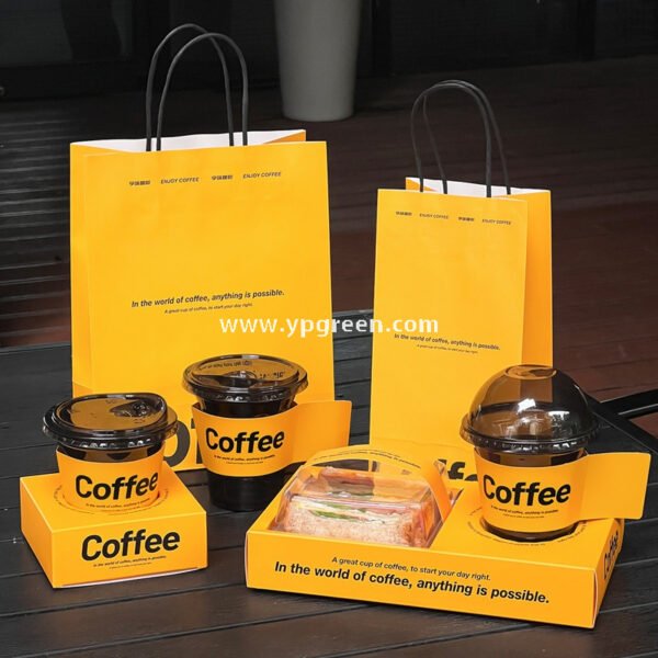 Yellow Sandwich & Coffee Tray Box – Integrated Paper Combo Container with Cup Holder