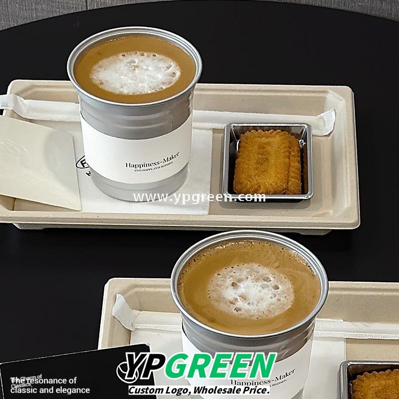 High-End 280ml Disposable Aluminum Cup with Silver Plate and Kraft Paper Tray – Stylish Drinkware Set