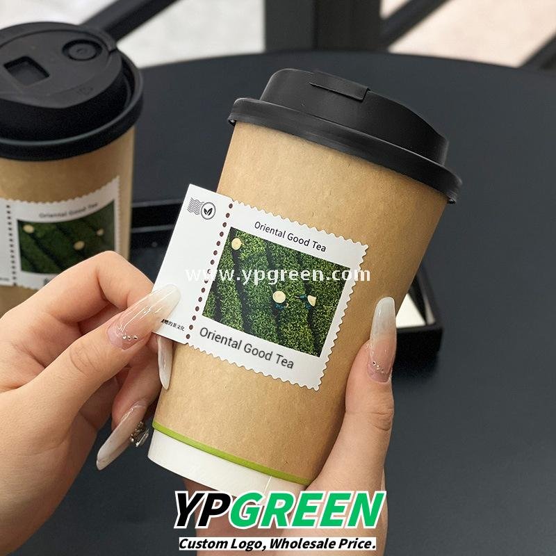 500ml 16oz Custom Coffee Cups with Postage Stamp Stickers – Retro-Themed Paper Cups for Takeaway