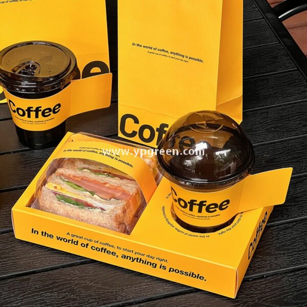 Yellow Sandwich & Coffee Tray Box – Integrated Paper Combo Container with Cup Holder